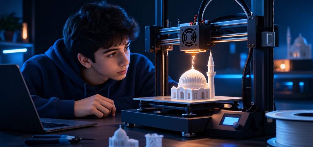 3D yazıcıda basılan cami maketini izleyen öğrenci
