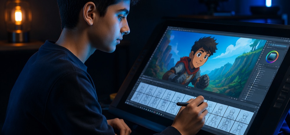 Çizim tabletinde animasyon karakteri ve storyboard çizen öğrenci