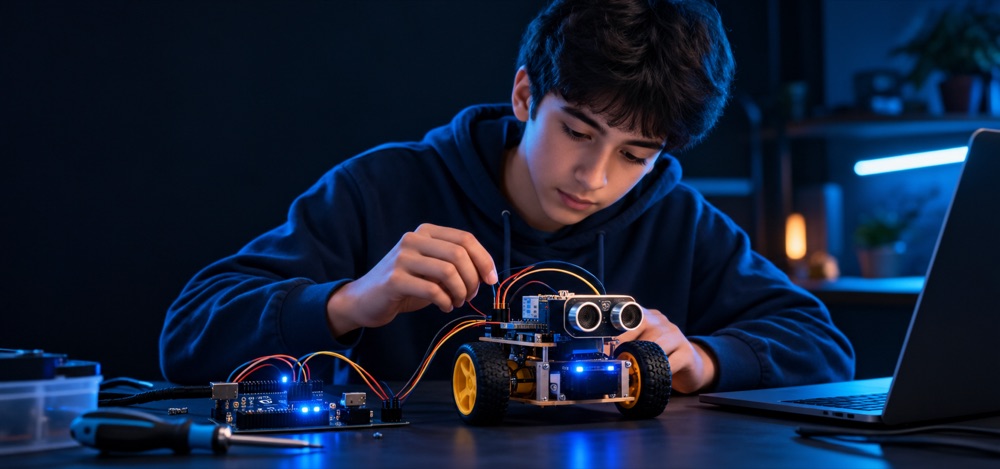 Tekerlekli robotunu devre kartıyla kuran öğrenci