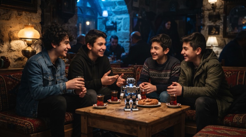 Çay içip sohbet eden gençler